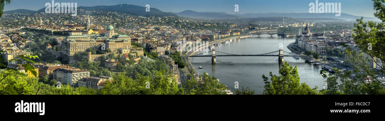 Chain Bridge, river, Cathedral Church and Parliament Palace, Budapest. Stock Photo
