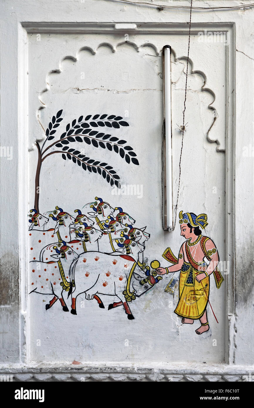 Painting of lord krishna with cows, nathdwara, rajasthan, india Stock Photo