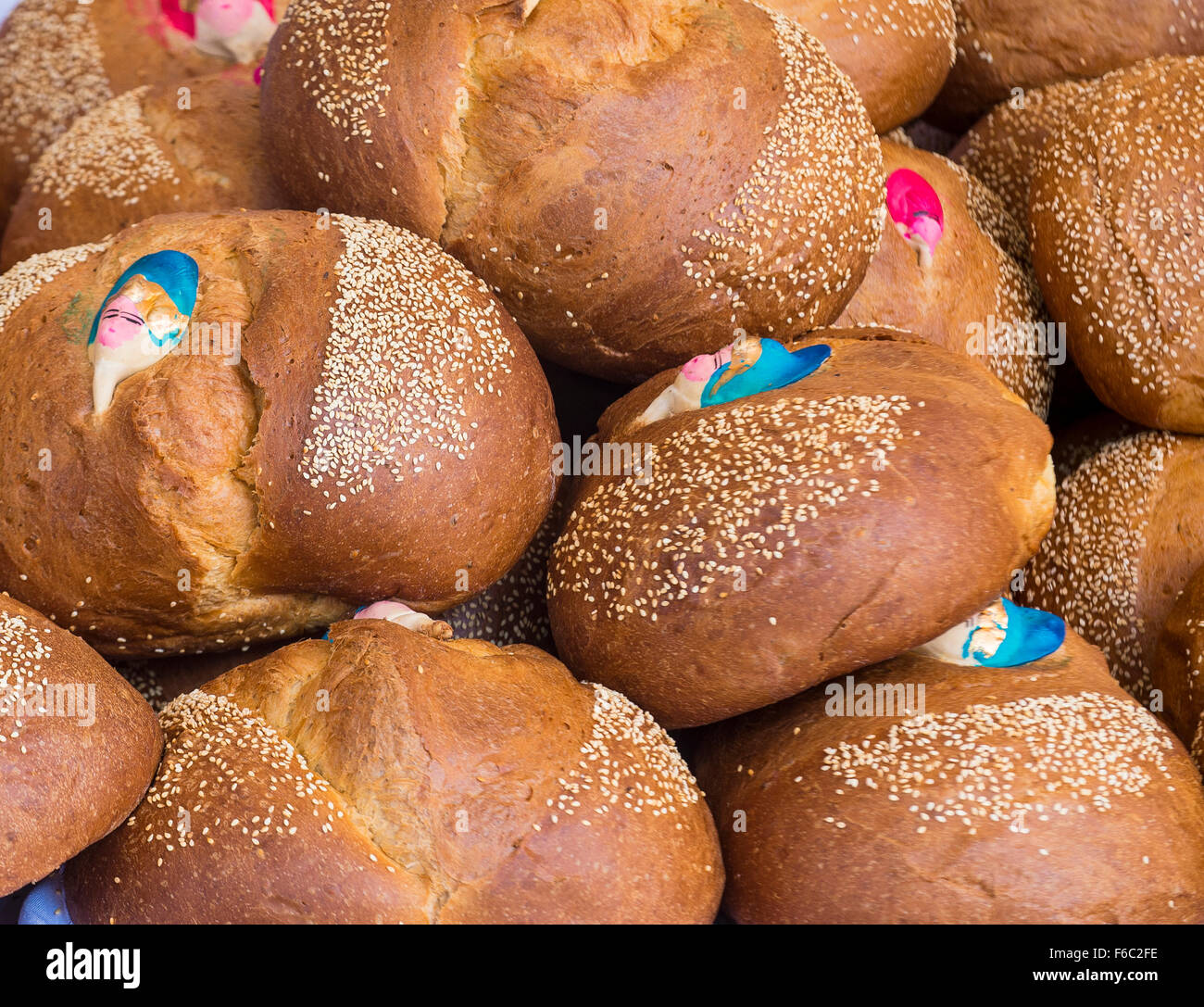 Traditional Mexican Bread called Bread of the Dead (Pan de Muerto) eaten during Day of the Dead festivities in Mexico. Stock Photo