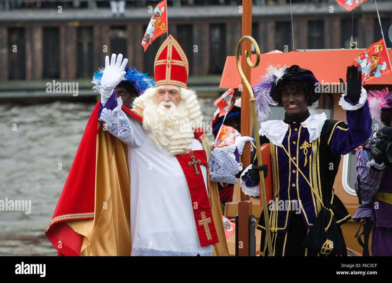 The dutch Santa Claus called 'Sinterklaas' is greeting the children