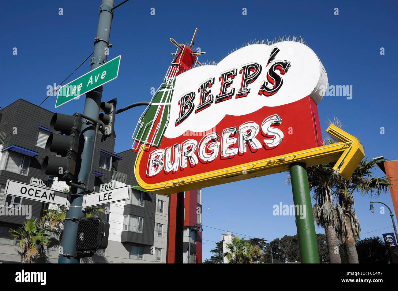 Beeps' Burgers sign, Ocean Avenue, San Francisco, California, USA Stock