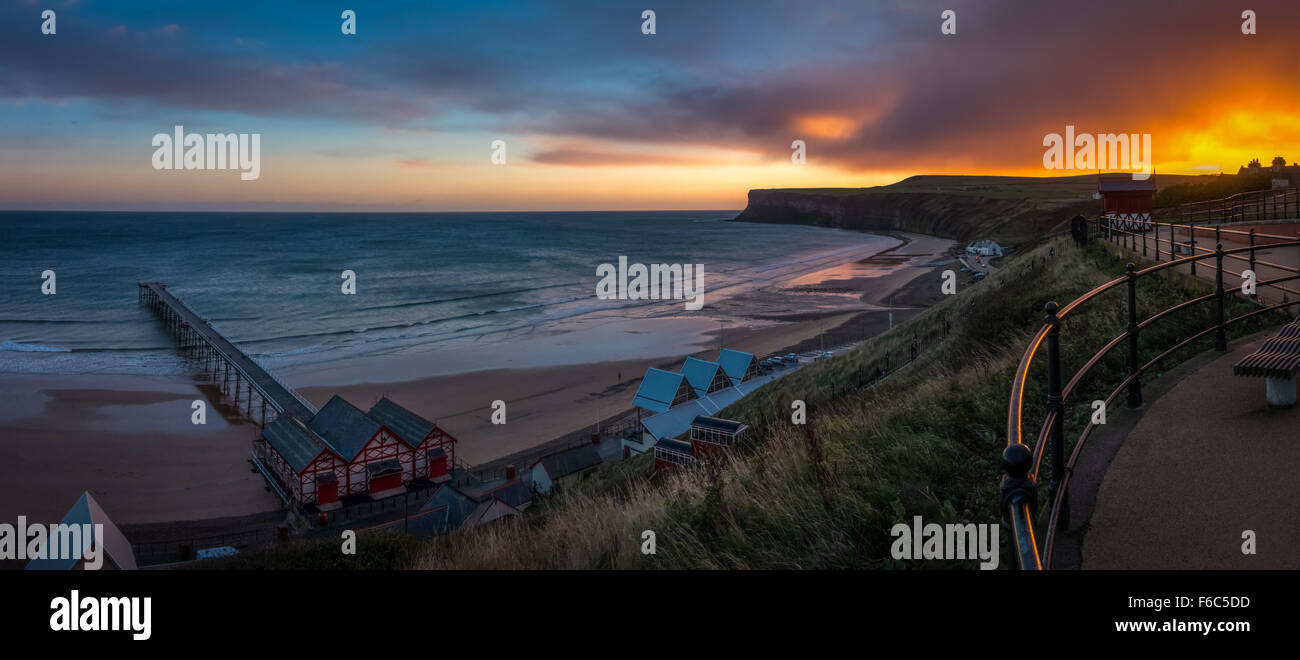 Pier, funicular, coast and cliffs on a beautiful sunrise over the North Sea.  Saltburn-by-the-Sea, Cleveland, North Yorkshire, England Stock Photo