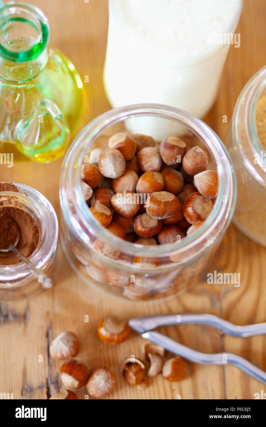 Ingredients for chocolate & hazelnut spread hazelnuts, olive oil