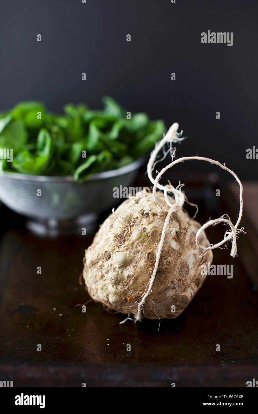 Celery Root with Fresh Spinach in the Background Stock Photo