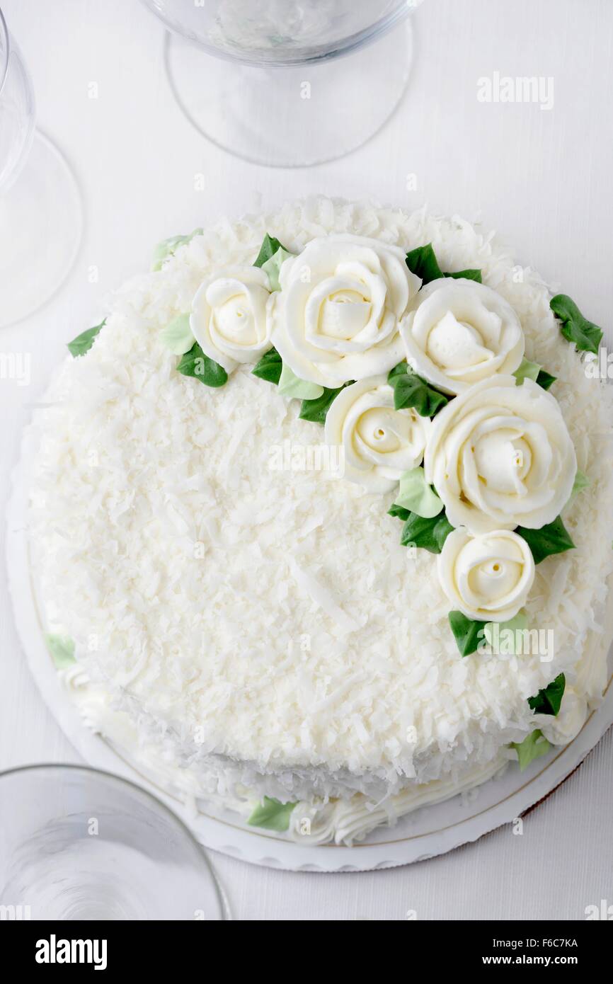 Vanilla Coconut Wedding Cake with White Frosting Flowers; From Above