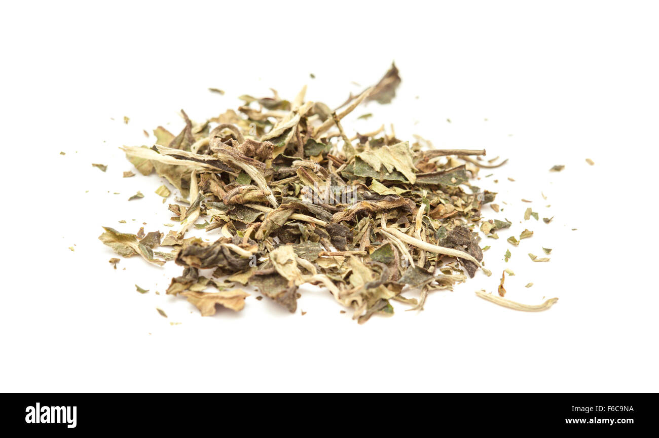 white tea  Pai Mu Tan leaves isolated on white background Stock Photo