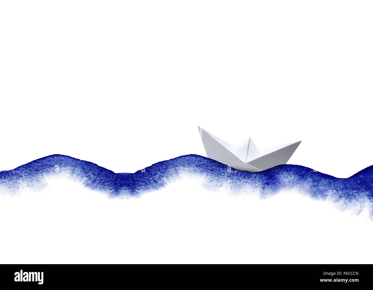 watercolor waves with paper boat collage on white Stock Photo