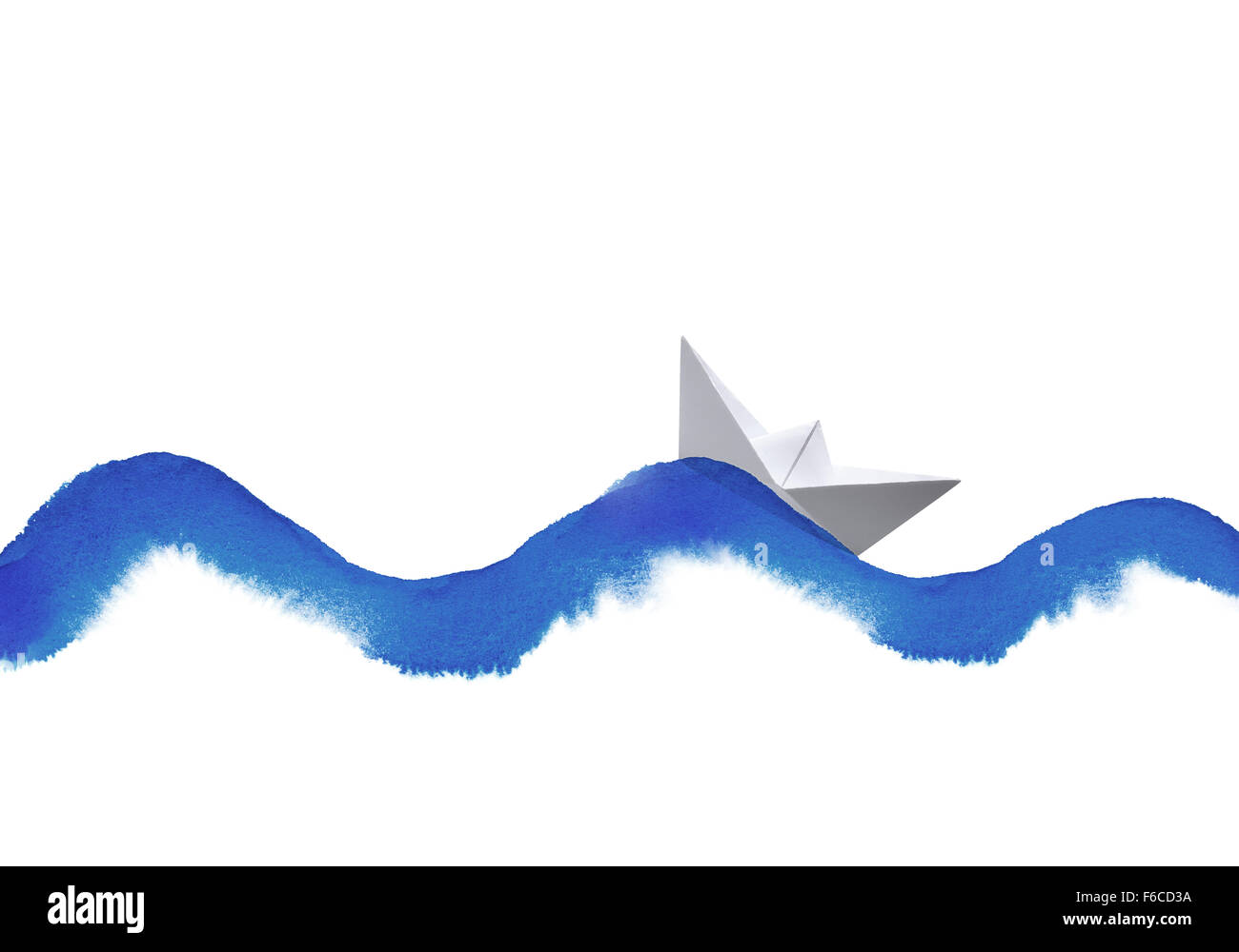 watercolor wave and paper boat collage on white Stock Photo