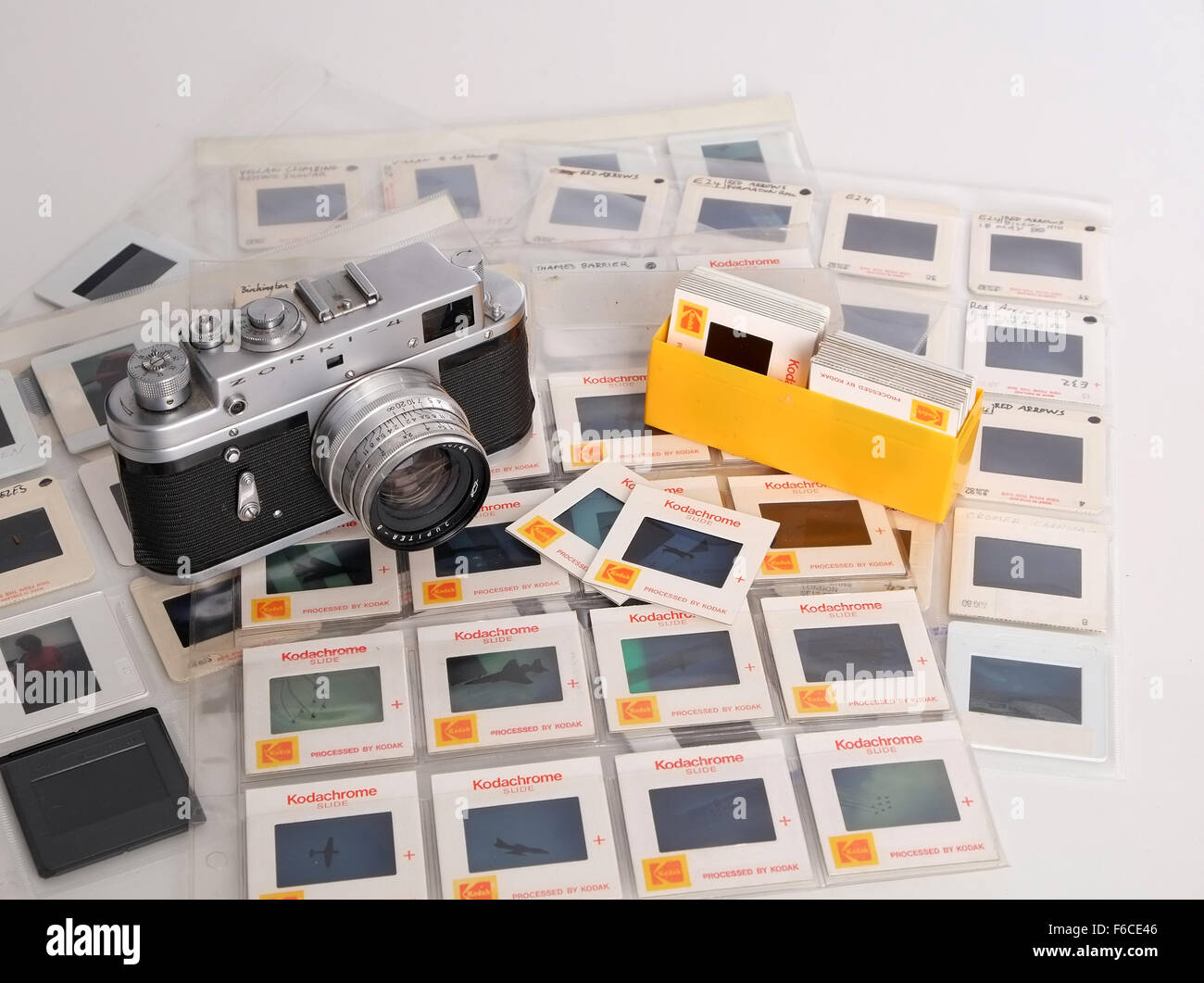 Old Russian 35mm Zorki film camera of a stack of old Kodachrome slides or  transparencies filed in sleeves Stock Photo - Alamy