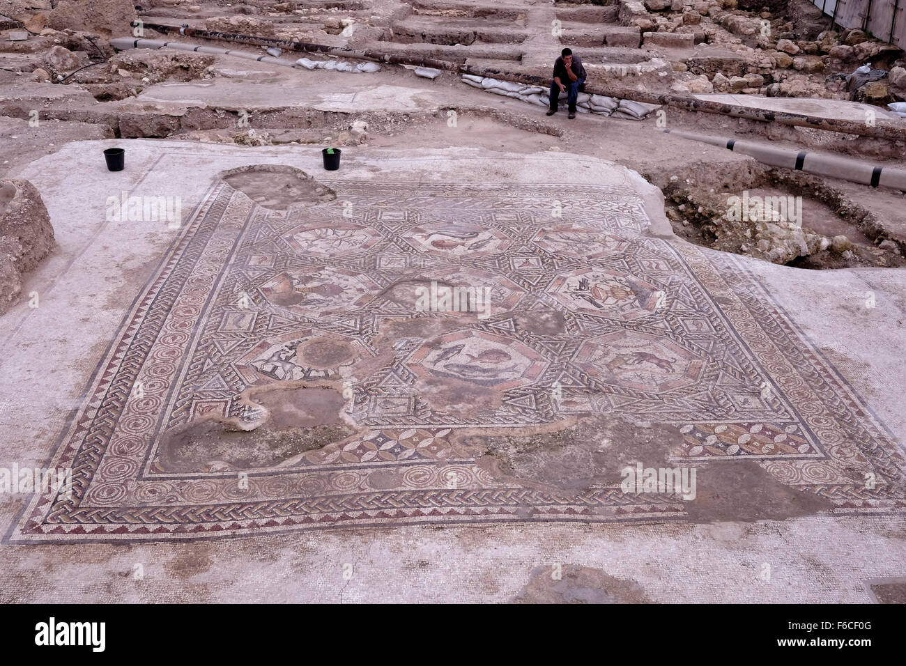 A 1,700 year old mosaic, which served as pavement for the courtyard in a villa during the Roman and Byzantine periods in the Israeli central city of Lod Israel Stock Photo