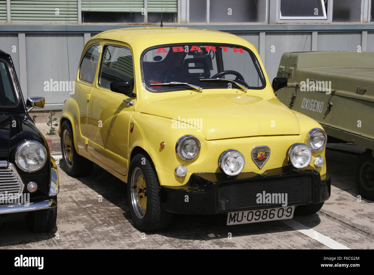 Classical Seat 600 car meeting in Albacete, Spain. Fiat Abarth. Stock Photo