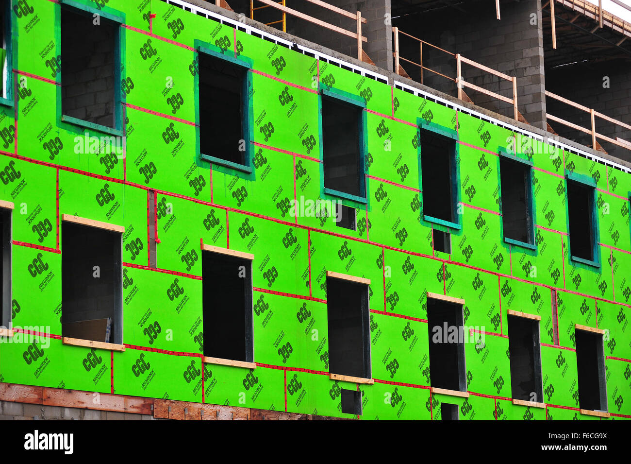 Green glass mat sheathing on the exterior of a new affordable housing development being built in London, Ontario. Stock Photo