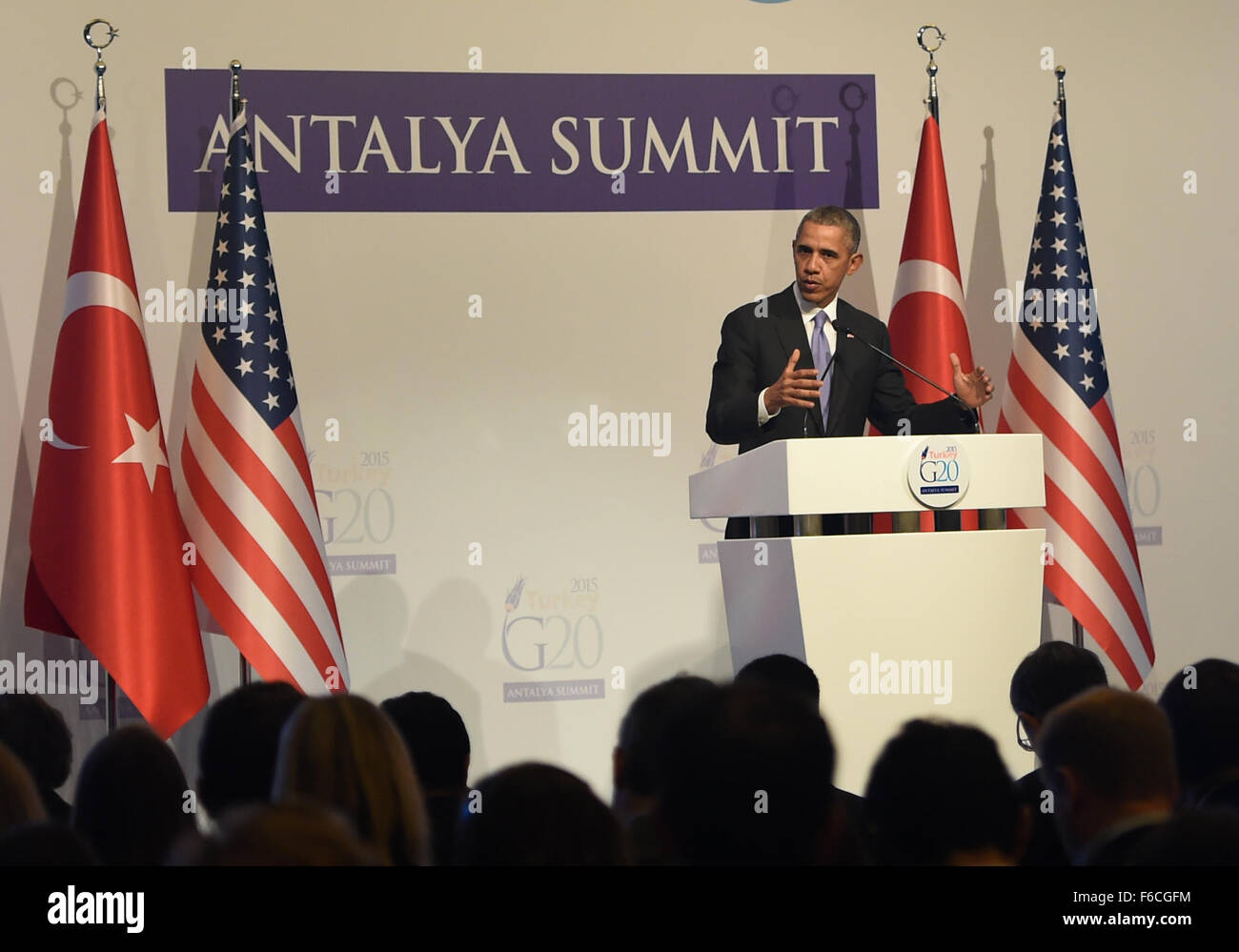 Antalya, Turkey. 16th Nov, 2015. U.S. President Barack Obama addresses ...