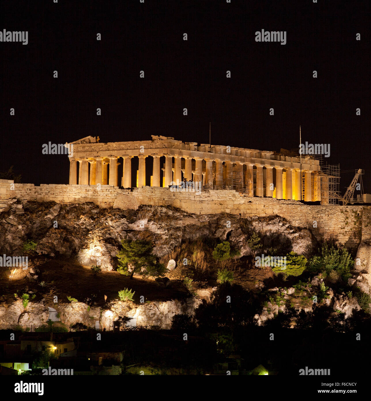 Night view of Acropolis with parthenon temple Stock Photo