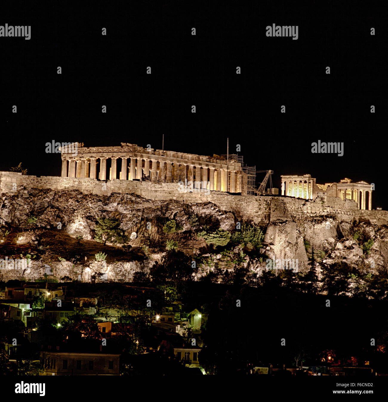 Night view of Acropolis with parthenon temple Stock Photo