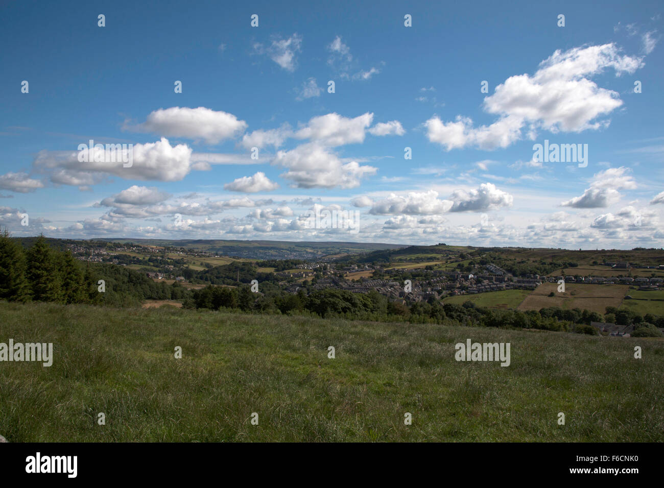A view of Haworth Brow Moor  and The Worth Valley from above Marsh Lane Haworth  West Yorkshire England Stock Photo