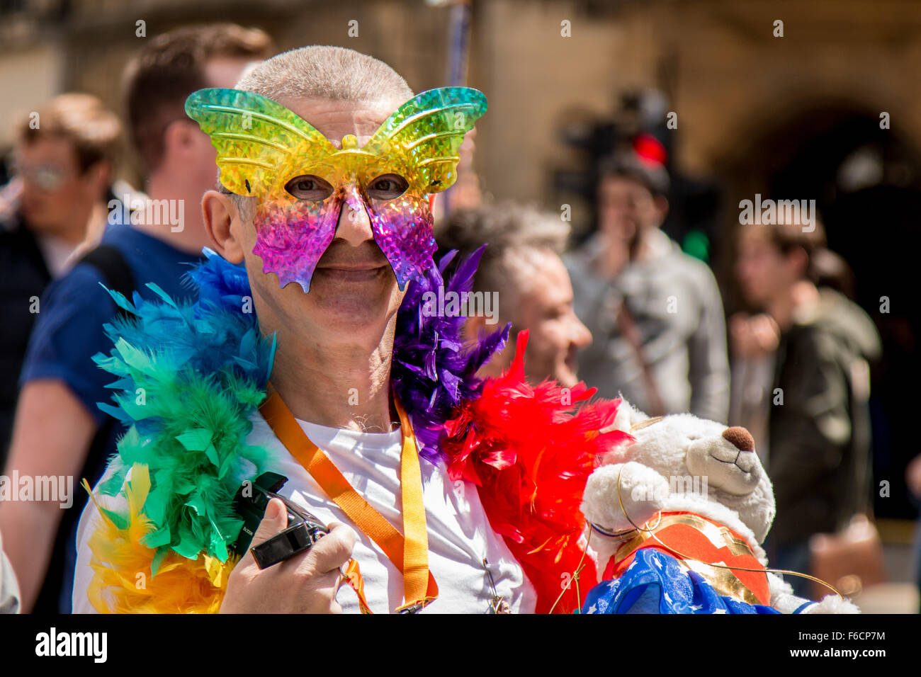 Flamboyant man with butterfly mask, garland and teddy bear. Stock Photo