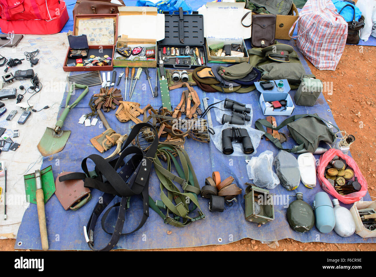 Selling a variety of old military equipment at the flea market Stock