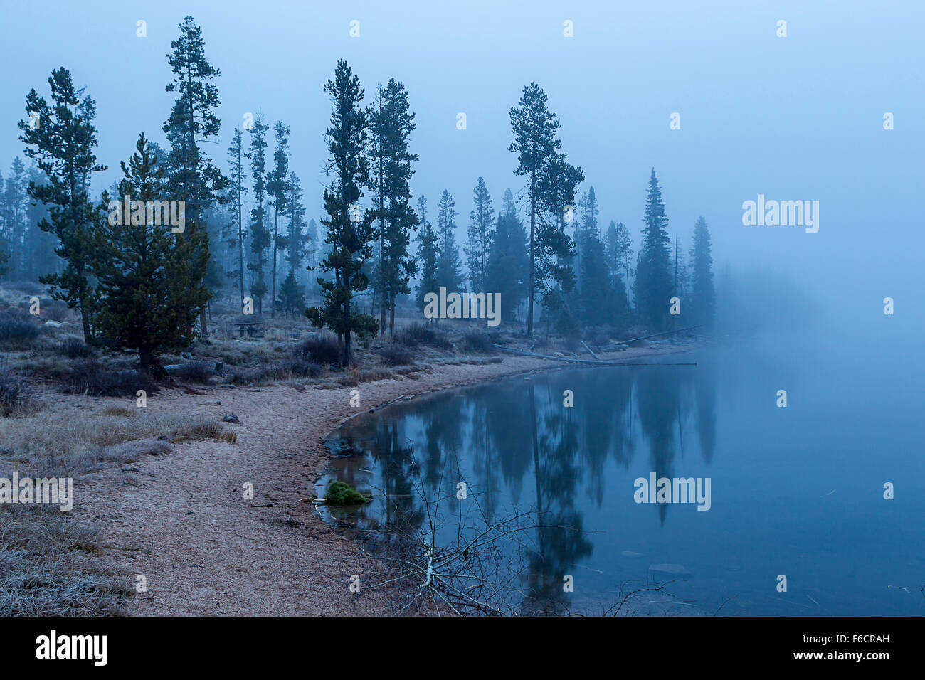 Early morning fog blankets the area around Stanley Lake in Idaho. Stock Photo