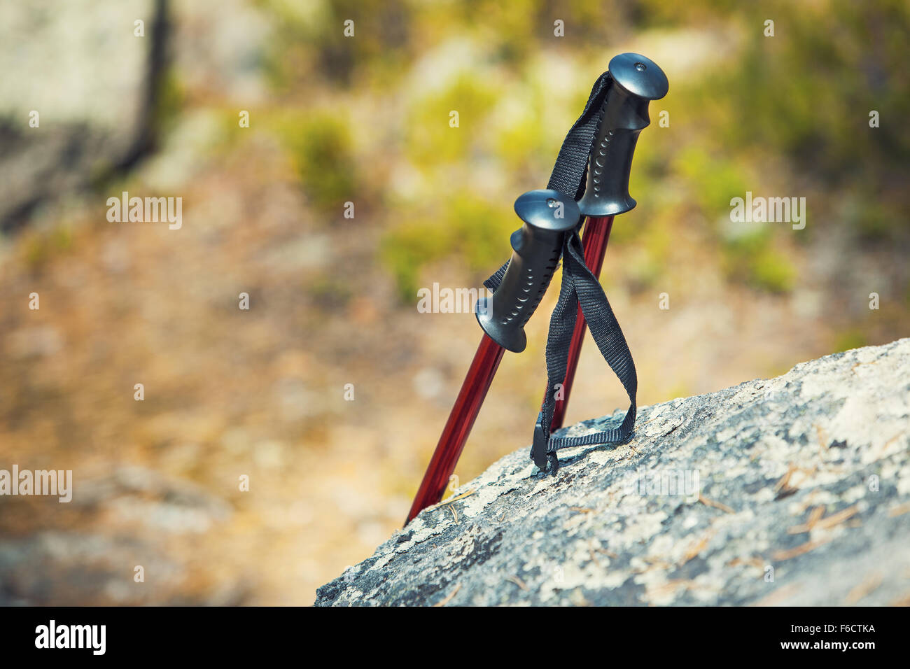Hiking sticks standing at the stone. Travel and tourism concept. Stock Photo
