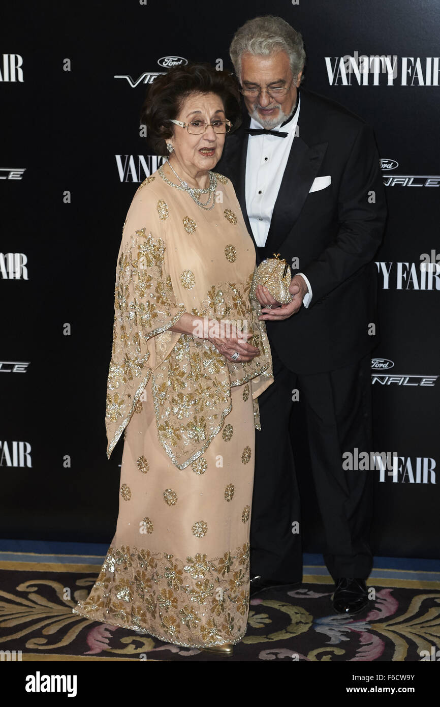 Madrid, Spain. 16th Nov, 2015. Placido Domingo, Marta Ornelas attends Vanity Fair 'Person of the Year 2015' gala at Ritz Hotel on November 16, 2015 in Madrid Credit:  Jack Abuin/ZUMA Wire/Alamy Live News Stock Photo