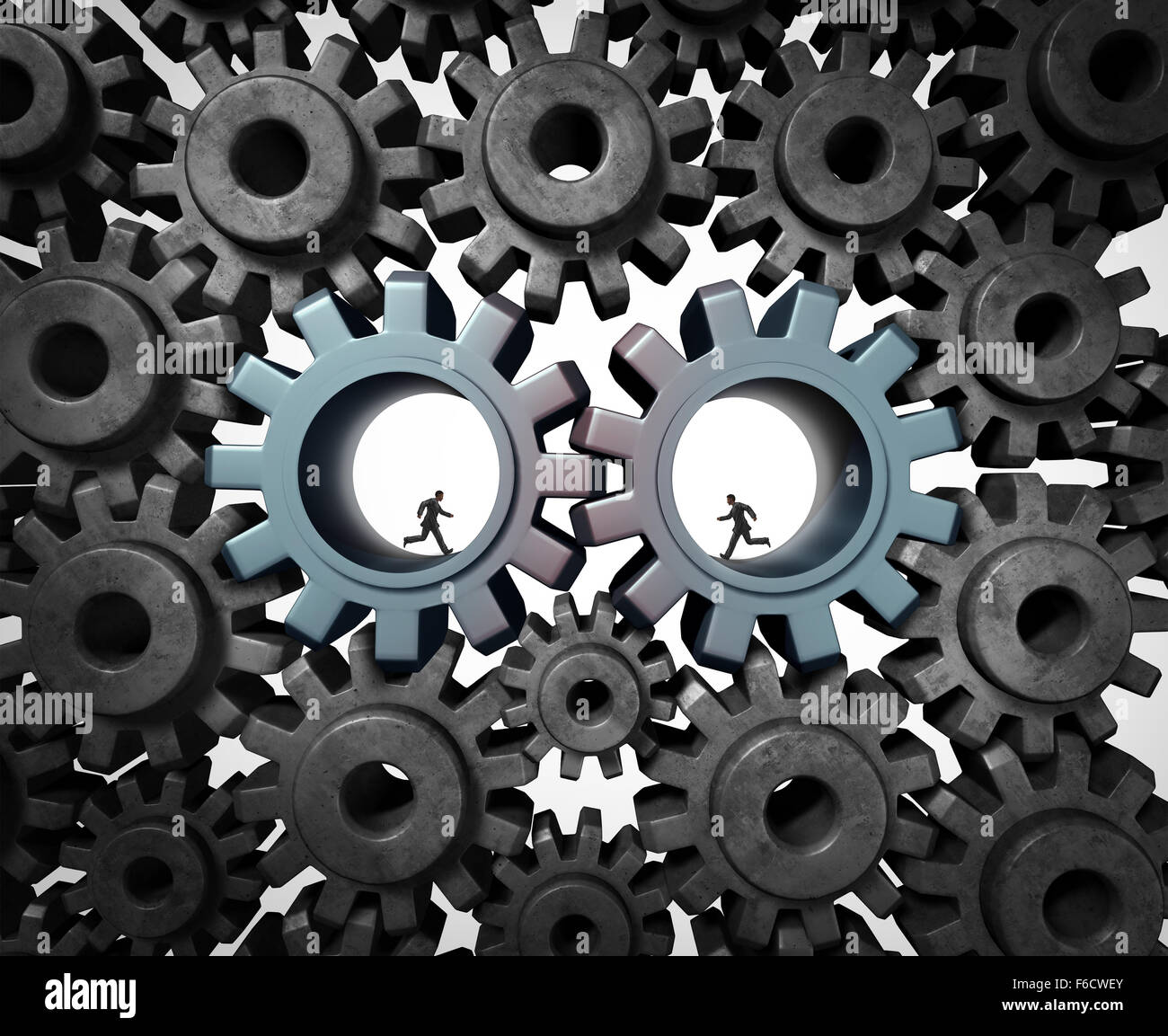 Industry partnership business planning concept as a team of businesspeople running inside a gear or cog wheel working together as a cooperation success metaphor of social economic engine network. Stock Photo
