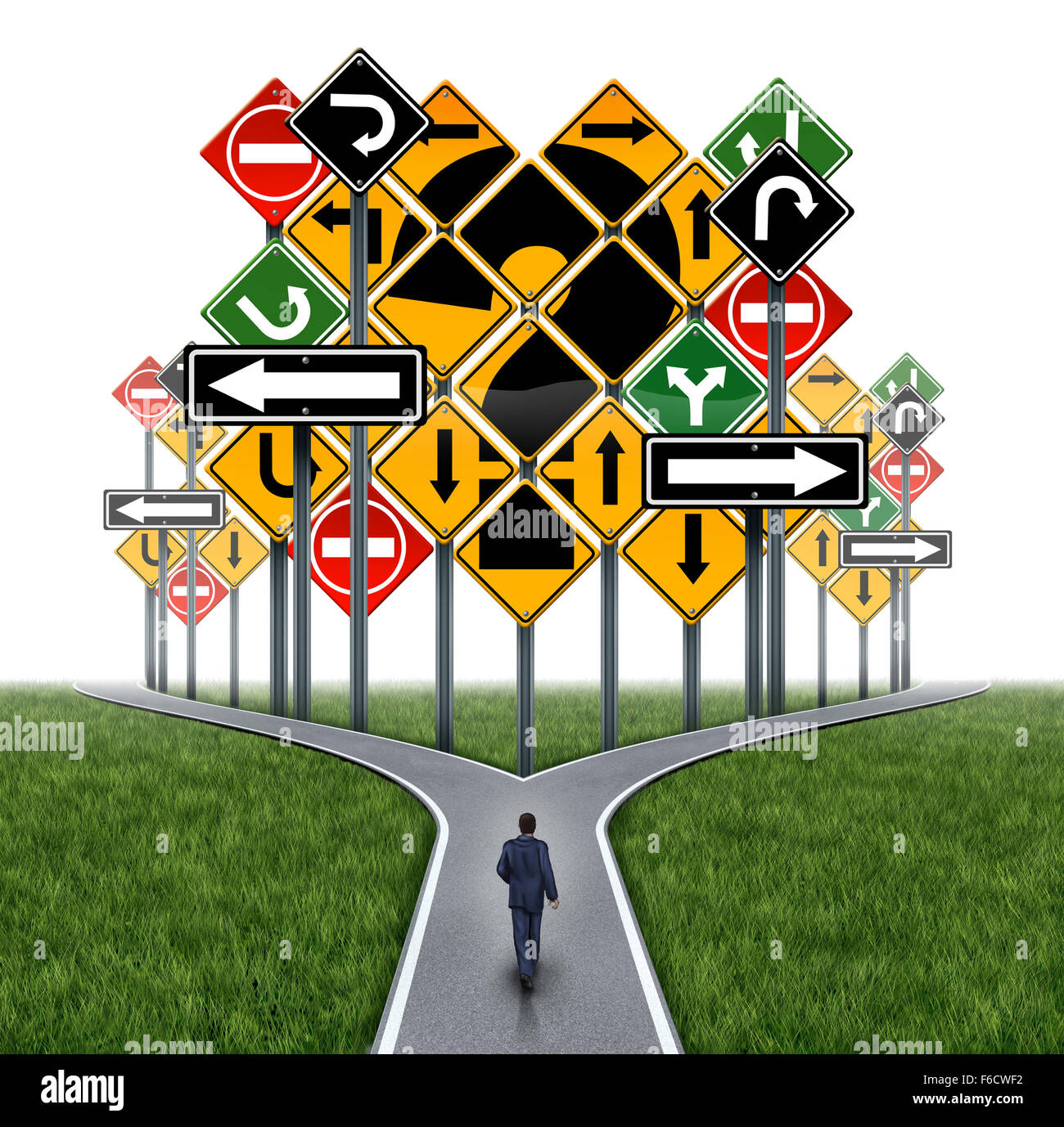 Business decision challenge concept as a businessman on a crossroad path facing an impass or dilemma with a group of traffic signs shaped as a question mark as a metaphor for consultation and corporate guidance. Stock Photo