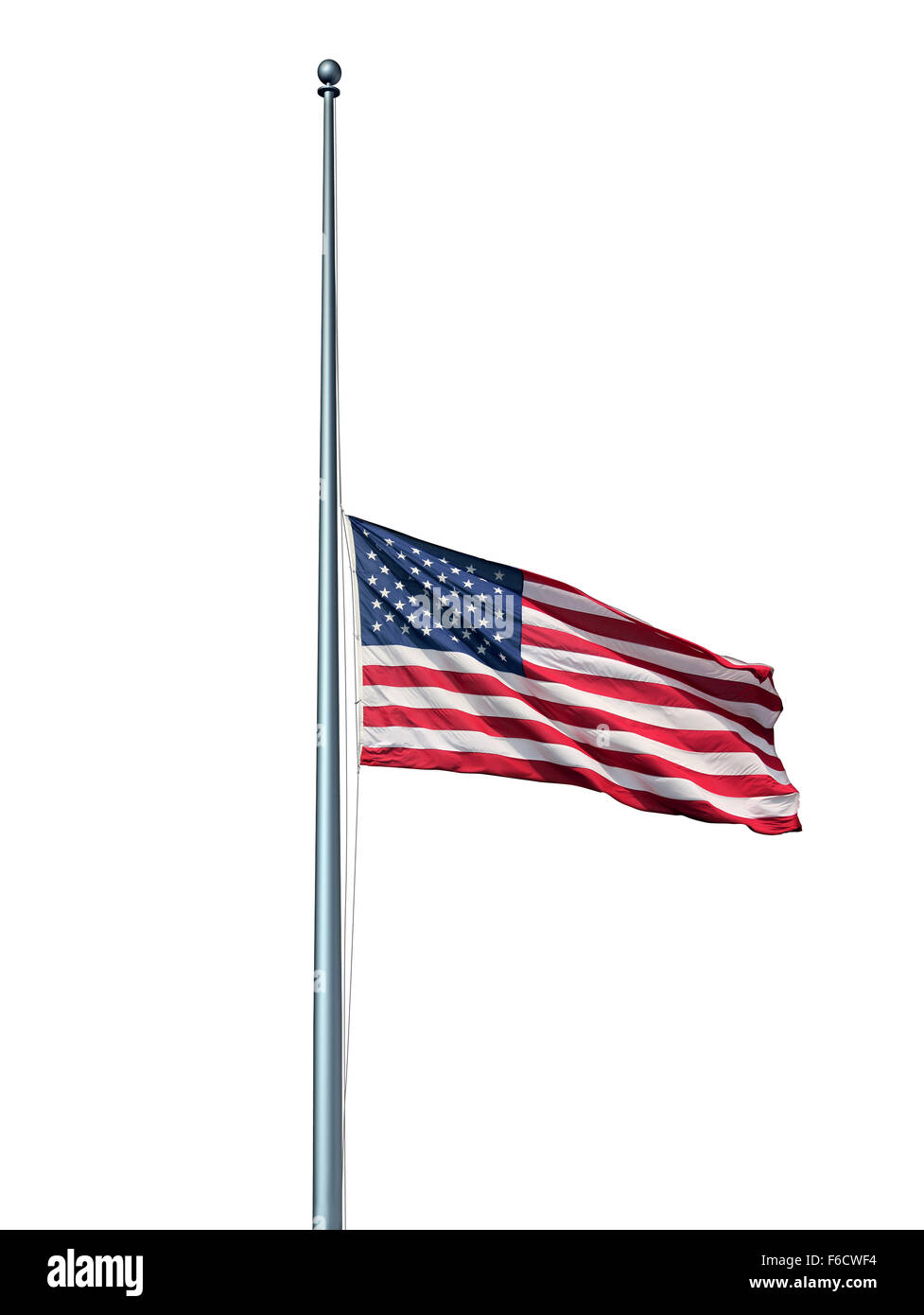 Half mast American flag isolated concept with the symbol of the United States flying at low level on the flagpole or staff on a Stock Photo