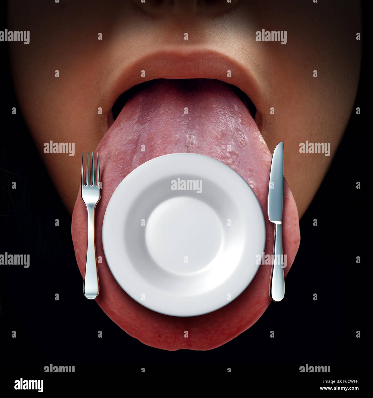 Eating time concept and dining or lunch idea symbol as an open mouth with a place setting with an empty plate knife and fork on Stock Photo