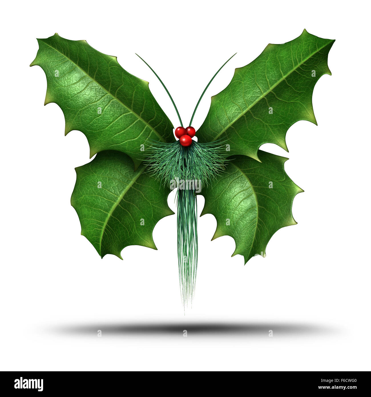 Magical holiday or Christmas celebration decoration element as a winter flying butterfly made of holly leaves evergreen pine needles and red berries as a festive freedom symbol of seasonal hope and joy on a white background. Stock Photo