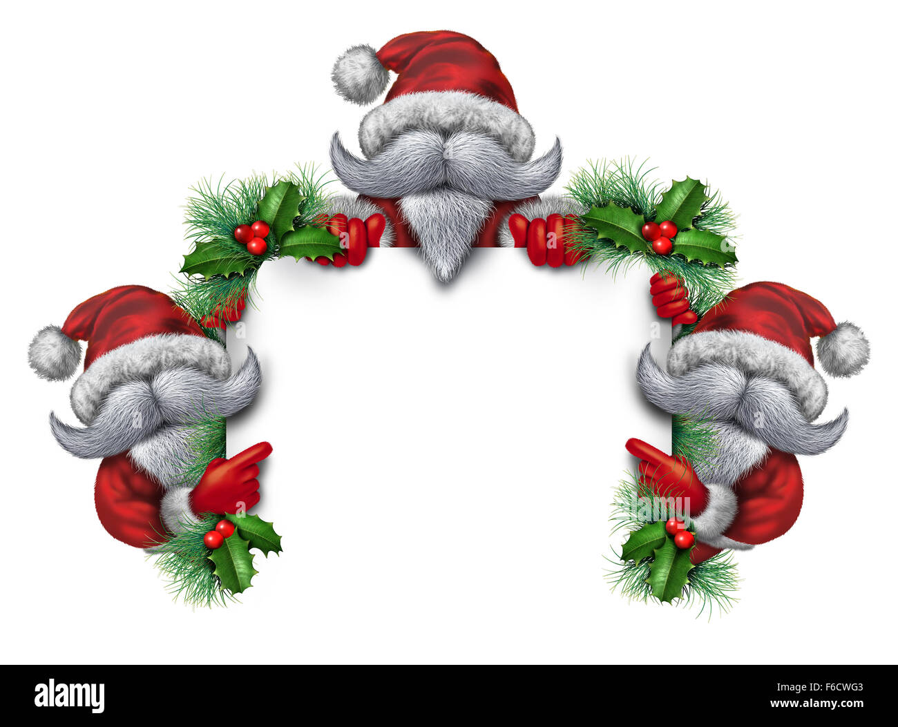 Santa group sign holding a blank banner as a mascot concept with the holiday characters wearing white beards a red snow suit as Stock Photo