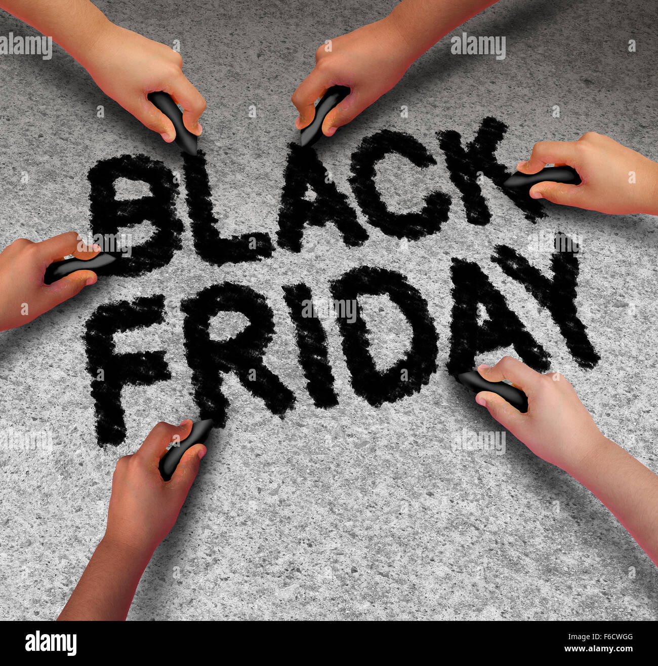 Black Friday promotion sale community sign as text written by a diverse group of people with black chalk to celebrate holiday season shopping for low prices at retail stores offering discounted buying opportunities. Stock Photo