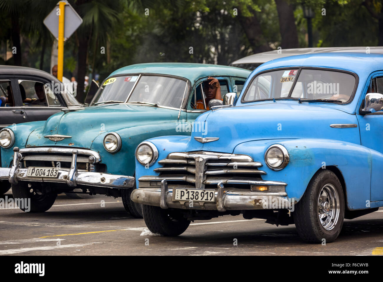turquoise and blue vintage car on the streets, old American road cruiser on the streets of Havana, Taxi, La Habana, Havana, Cuba Stock Photo
