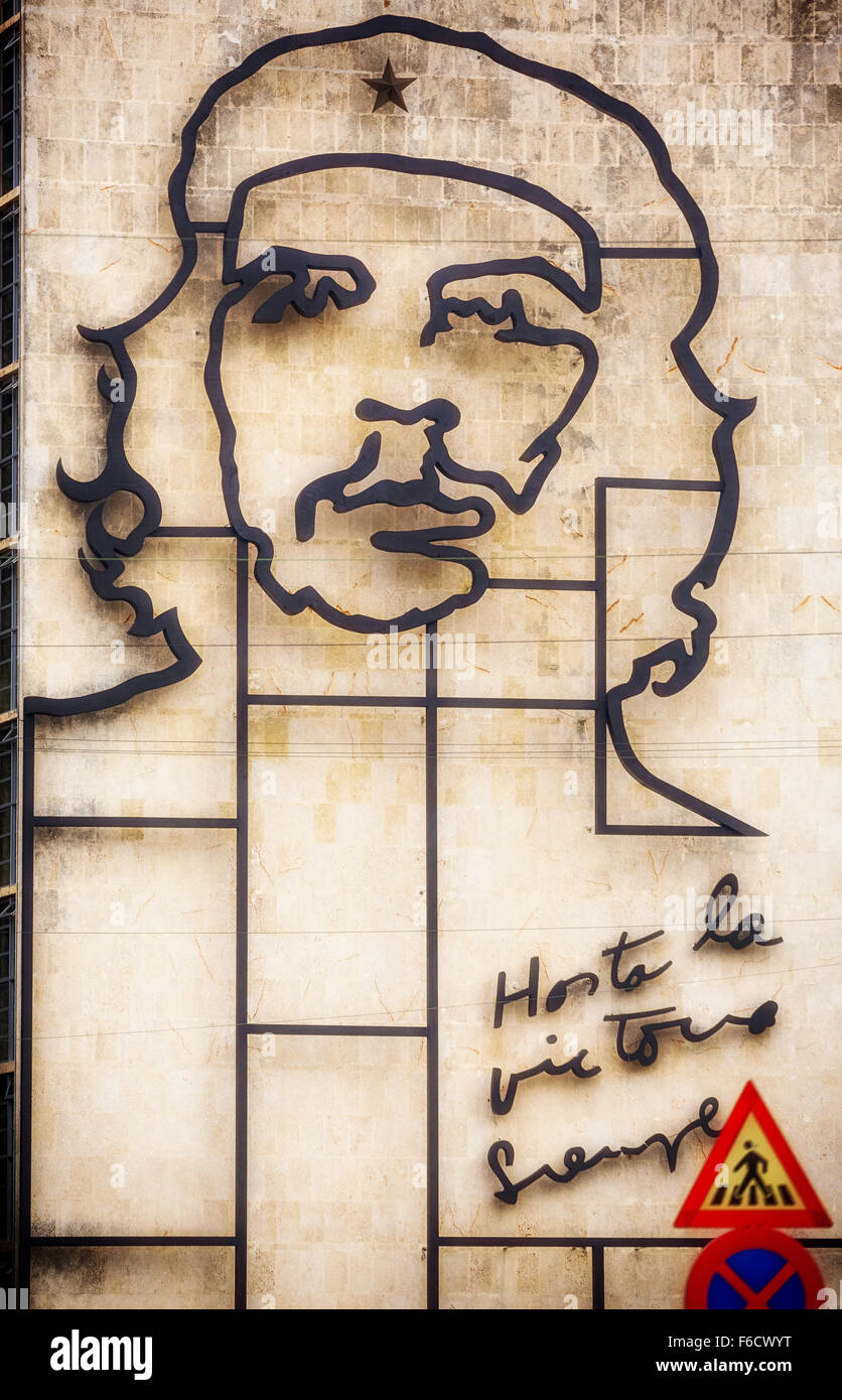 Ernesto Che Guevara as an art installation and propaganda work of art on a wall in the Revolution Square, the Interior Ministry Stock Photo