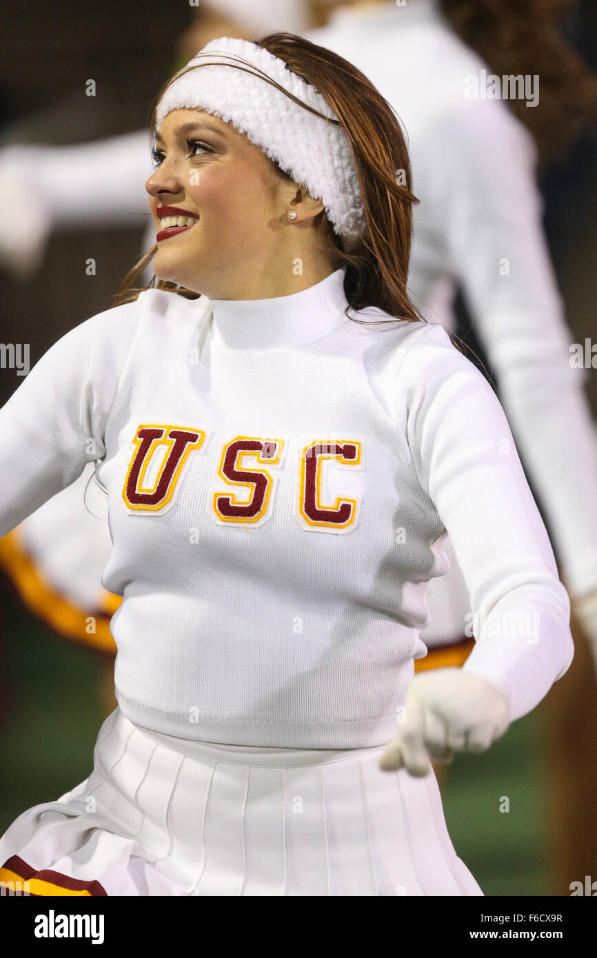 Boulder. 13th Nov, 2015. A USC cheerleader performs a routine on the sideline during the football game against Colorado in Boulder. USC won, 27-24. © csm/Alamy Live News Stock Photo