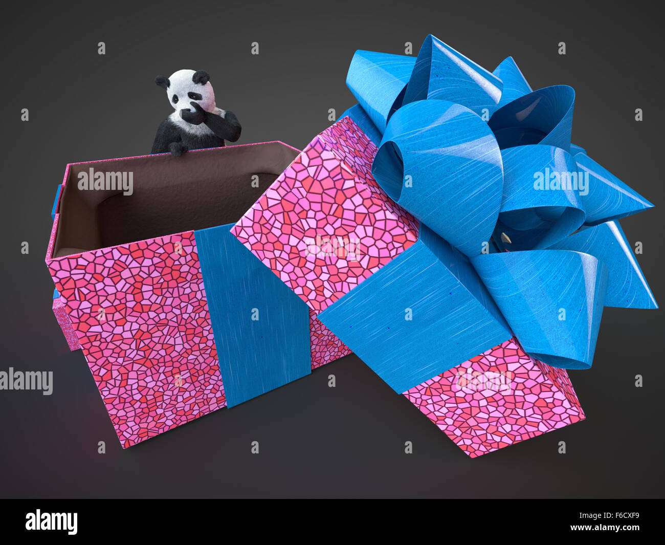 Adult panda surprised content big gift box purple with bright blue bow on dark background. Bamboo bear render and empty present Stock Photo