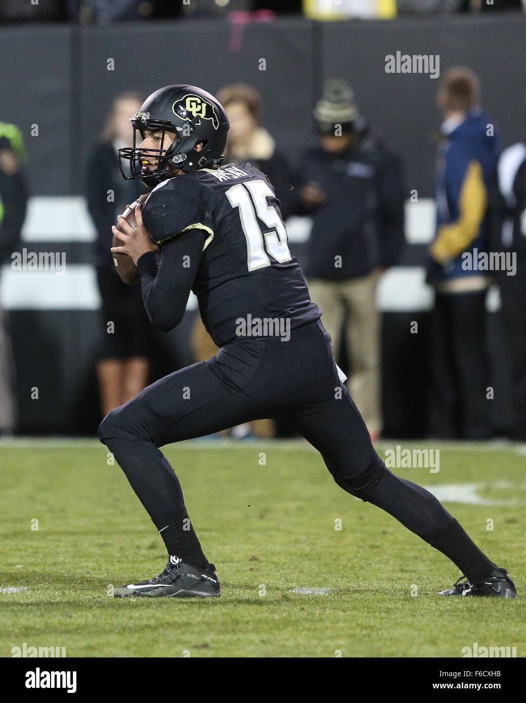 Boulder. 13th Nov, 2015. Colorado QB Cade Apsay drops back to pass ...