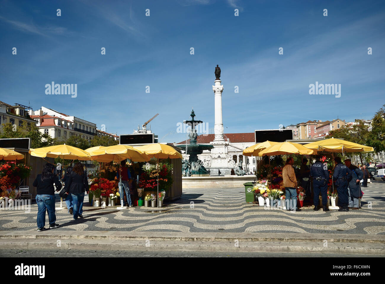 Rossio square with fountain located at Baixa district in Lisbon, Portugal. Europe Stock Photo