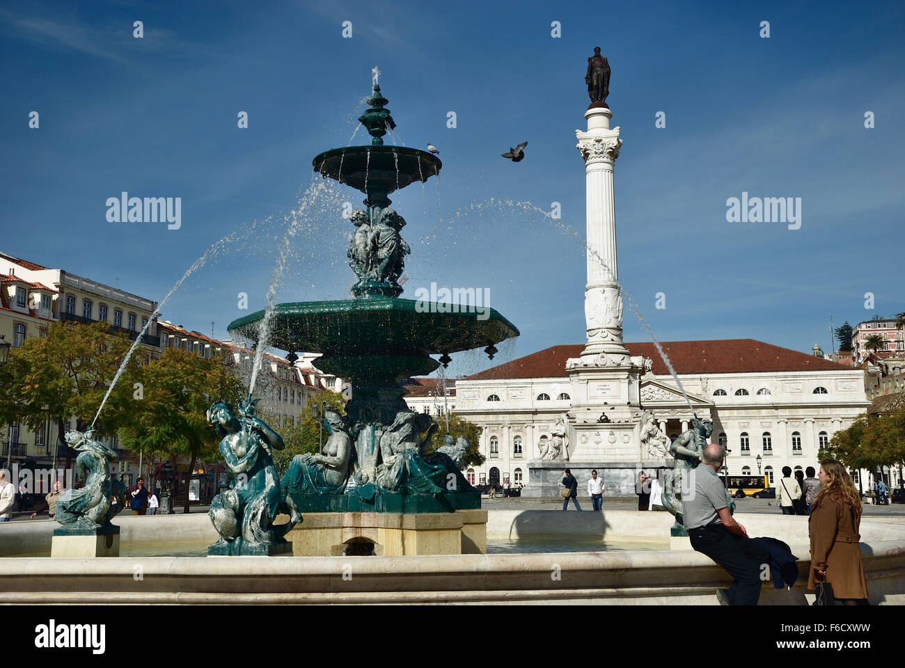 Rossio square with fountain located at Baixa district in Lisbon, Portugal. Europe Stock Photo