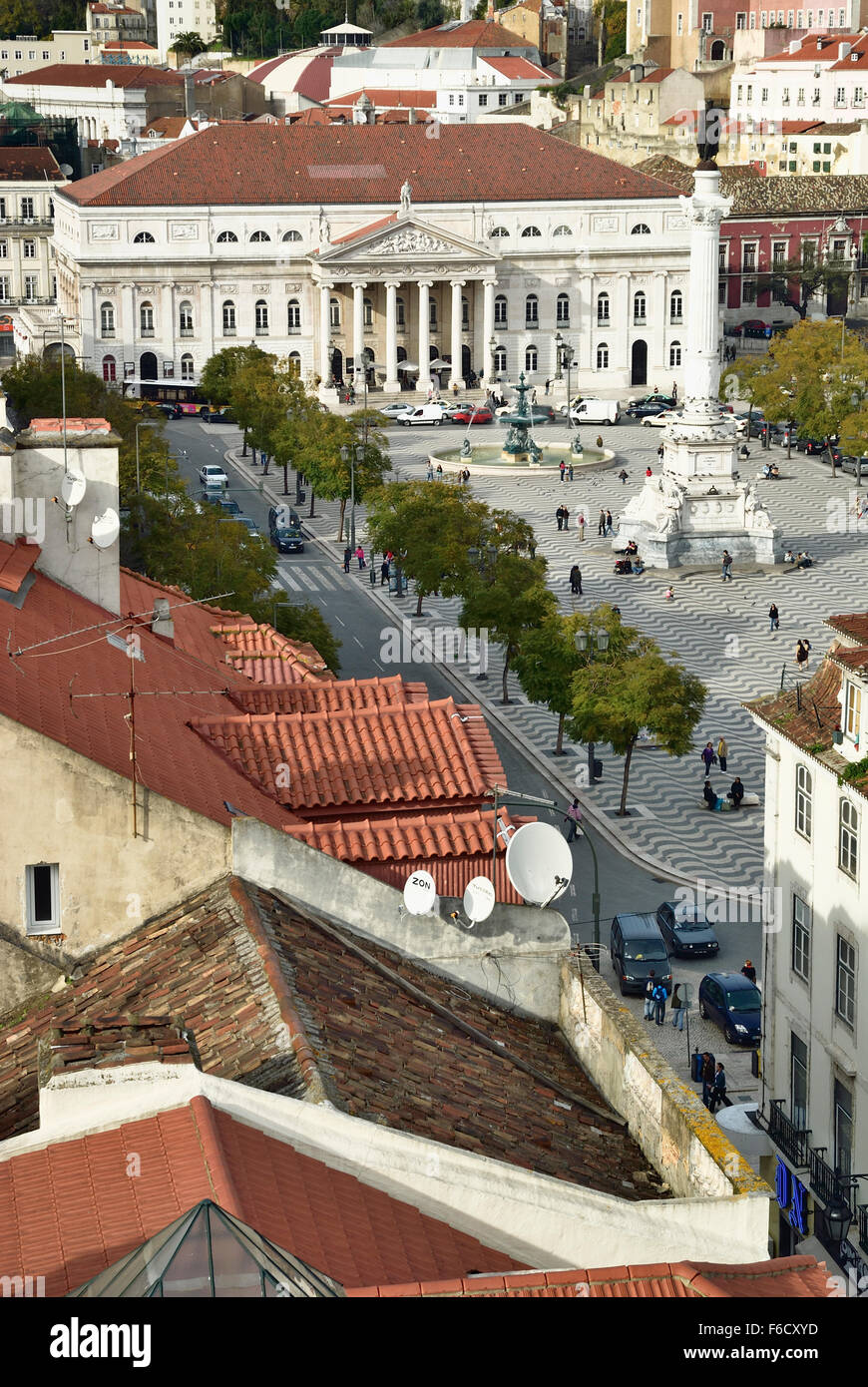 View of Rossio Square and Maria II Theatre, seen from Santa Justa elevador. Lisbon, Portugal. Europe Stock Photo