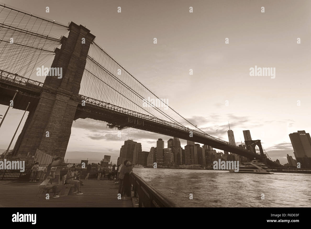 Brooklyn Bridge and lower Manhattan in sepia tone Stock Photo