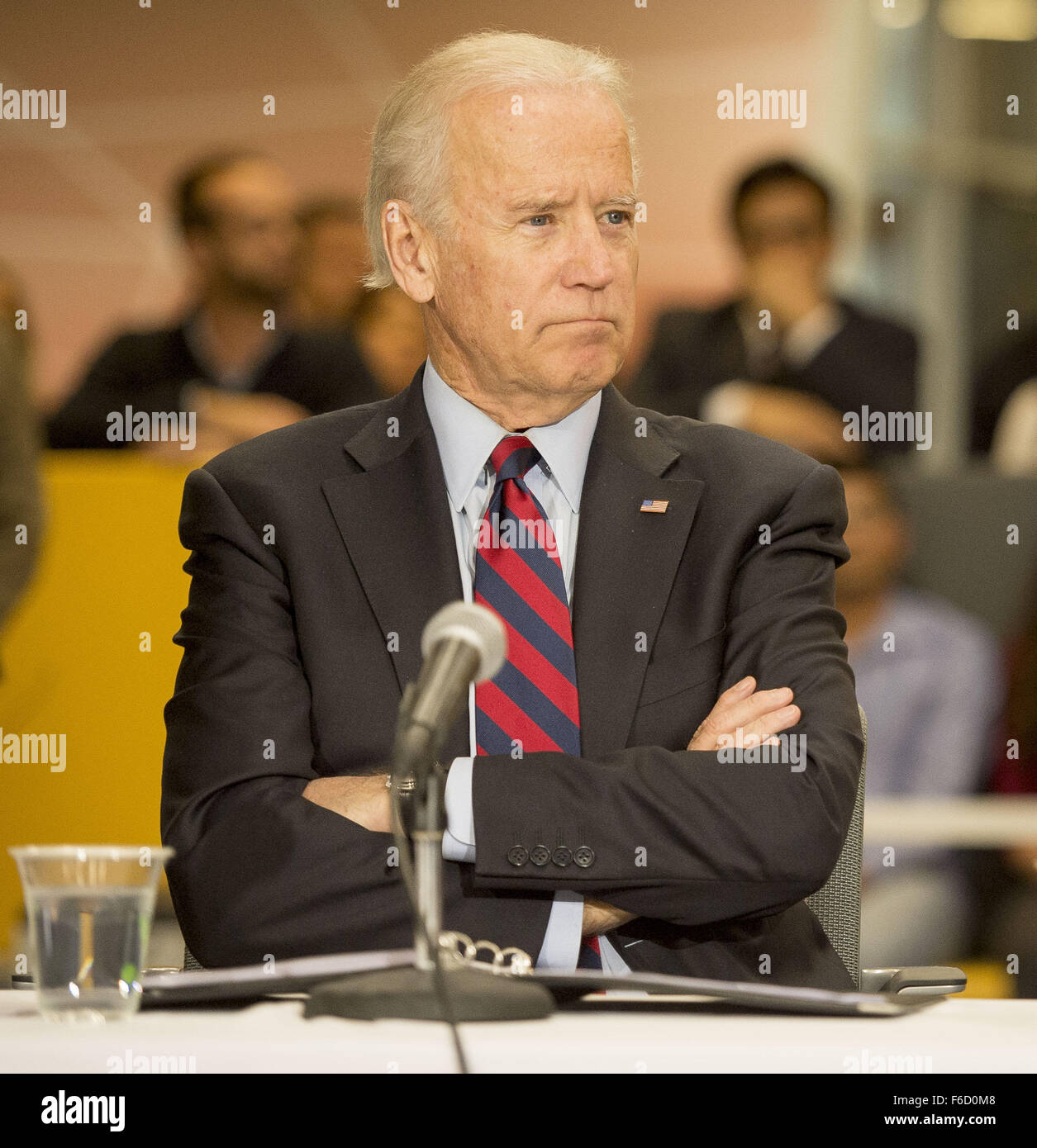 Los Angeles, California, USA. 16th Nov, 2015. Vice President JOE BIDEN listens as about 2 dozen roundtable invitees took turns introducing themselves as the spoke about their insolvent at the Los Angeles CleanTech Incubator project now housed a the the LA Kretz Innovation Campus in the Arts District south of the LA downtown and civic center. Credit:  ZUMA Press, Inc./Alamy Live News Stock Photo