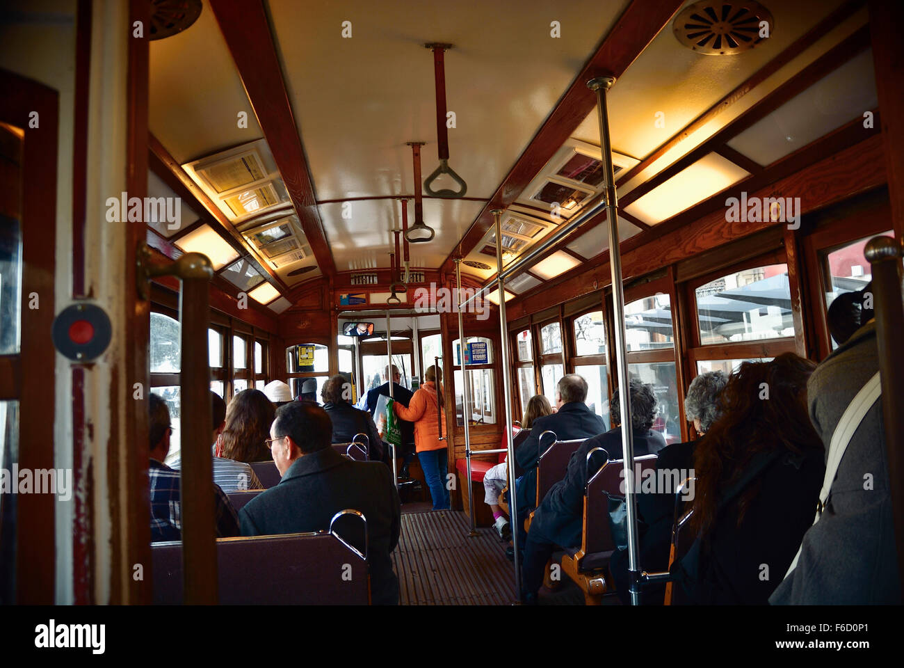 Yellow tram number 28, interior. Lisbon, Portugal, Europe Stock Photo ...