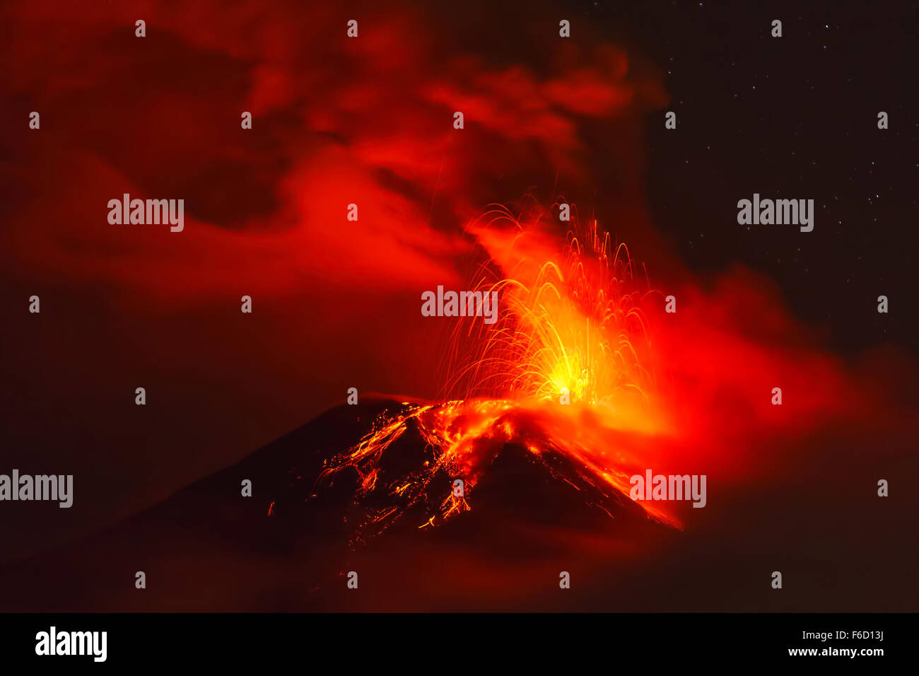 Powerful Explosion Of Tungurahua Volcano At Night, Ecuador, South America Stock Photo