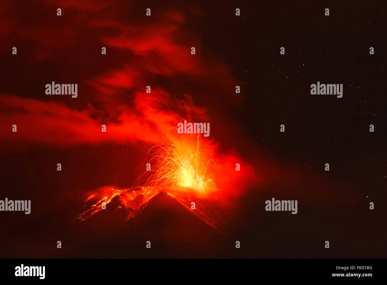 Powerful Explosion Of Tungurahua Volcano At Night, Ecuador Stock Photo