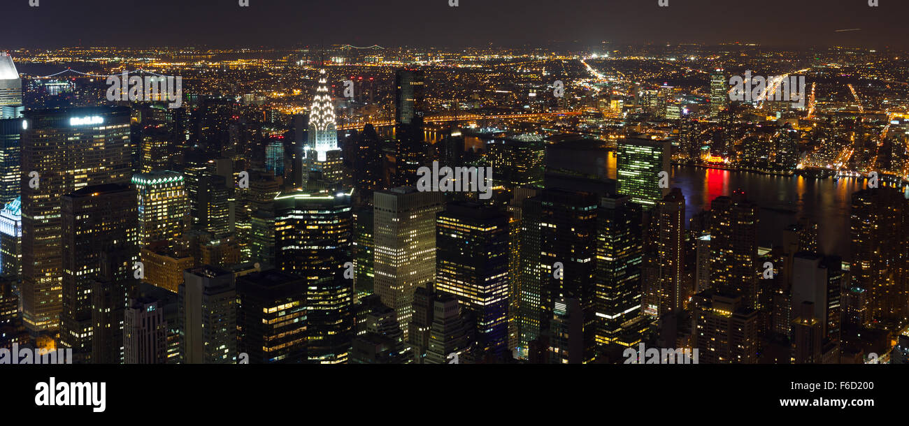 Times Square panorama aerial view at night with office building skyscrapers. Manhattan, New York City. Stock Photo