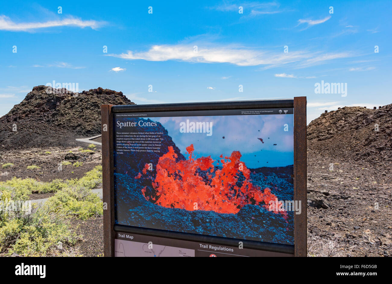 Idaho, Craters of the Moon National Monument and Preserve, Spatter Cones, information sign Stock Photo