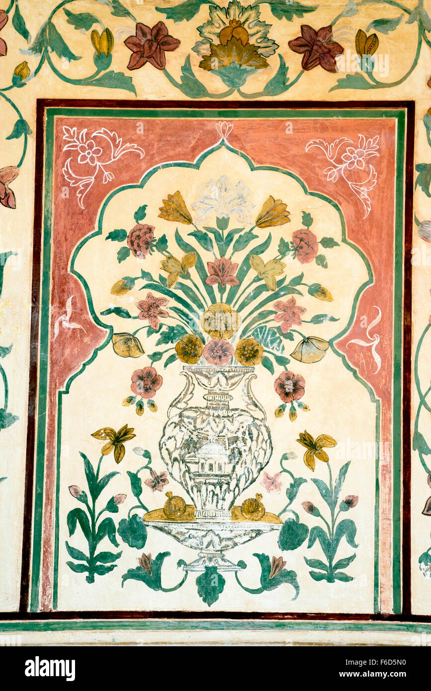 Symmetrical paintings, suhag mandir, amer fort, jaipur, rajasthan, india, asia Stock Photo
