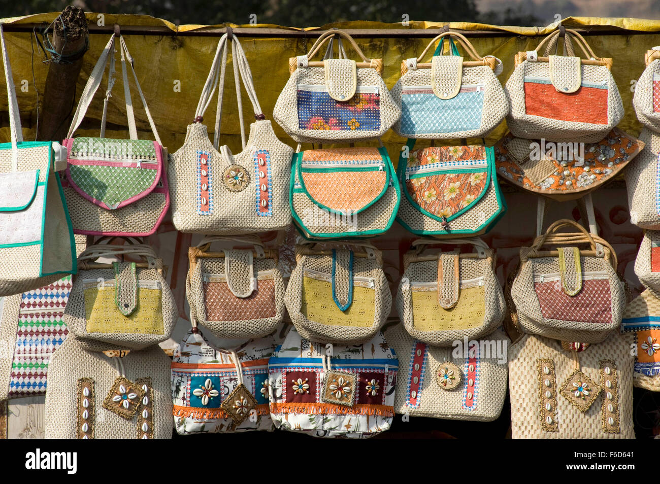 Handbags hanging stall for selling, daulatabad fort, aurangabad, maharashtra, india, asia Stock Photo