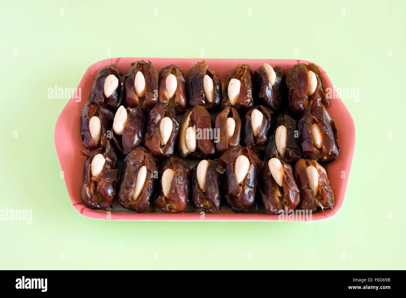 Dates with almonds served on plate, mumbai, maharashtra, india, asia Stock Photo